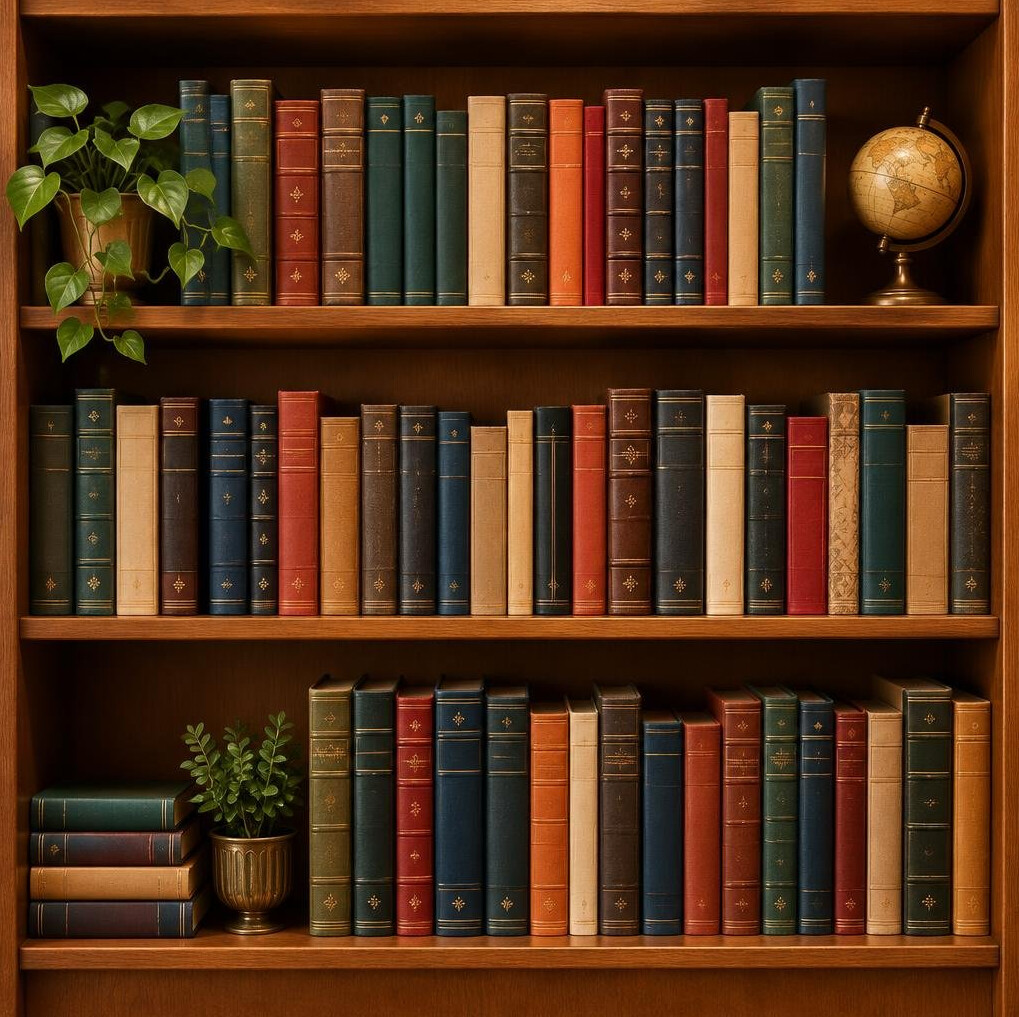 Library shelves filled with books in warm light