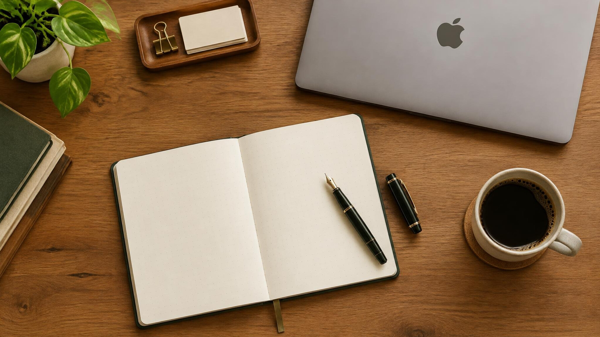 Researcher desk with notebook, pen and laptop