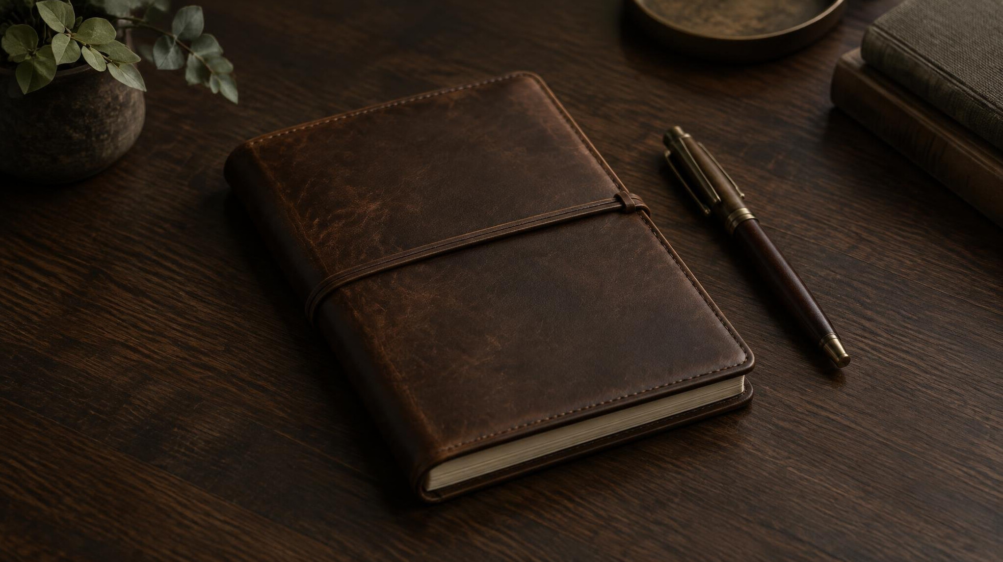 Open notebook and pen on a wooden table