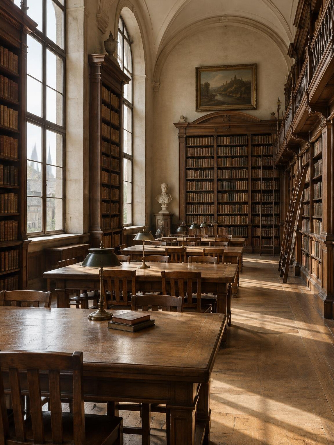 Quiet library reading room with warm light and tall bookshelves