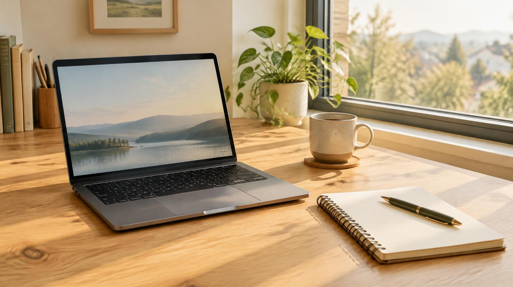 Laptop and notebook on a wooden desk by a window