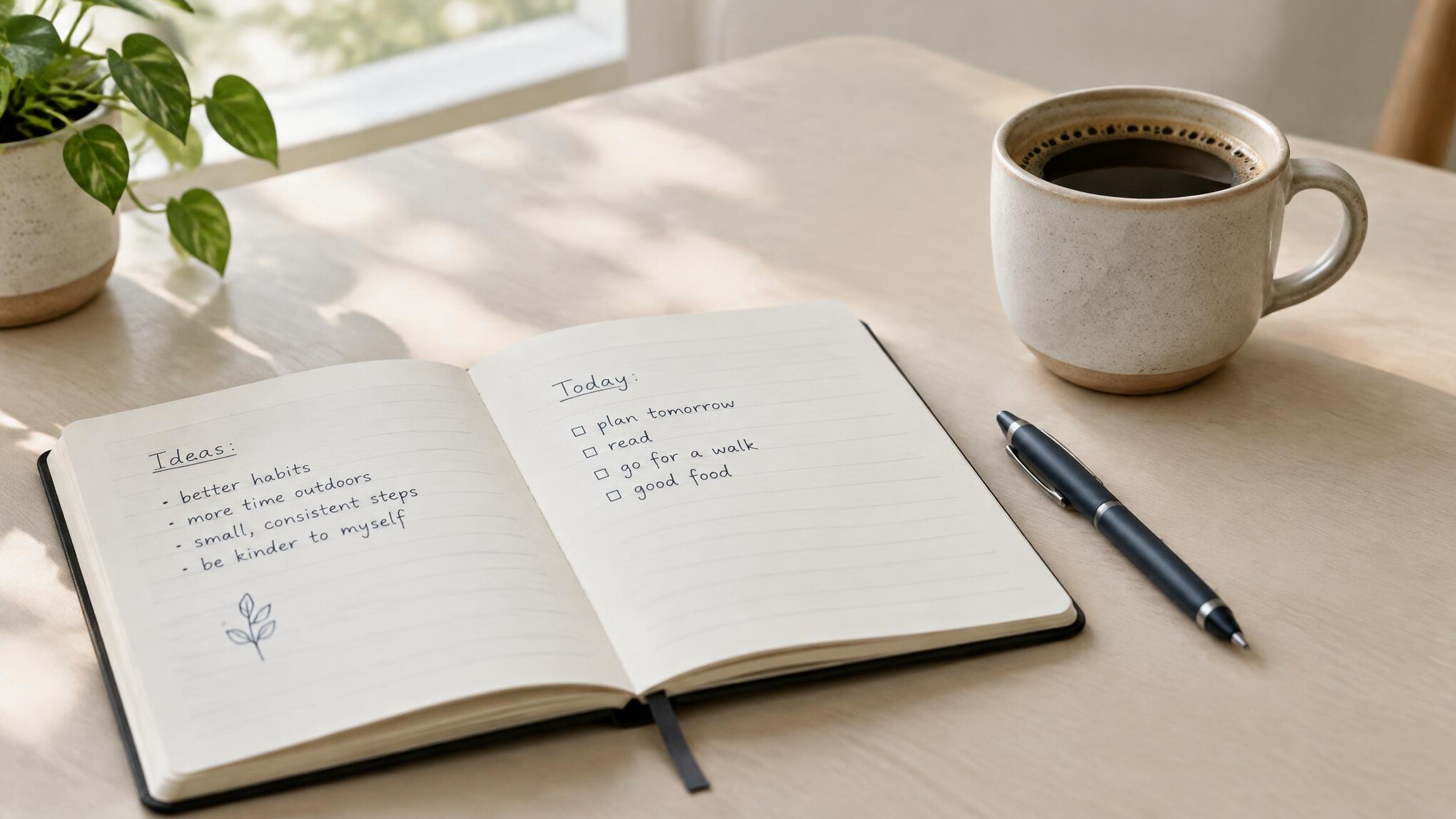 Open notebook with handwritten notes next to a coffee cup