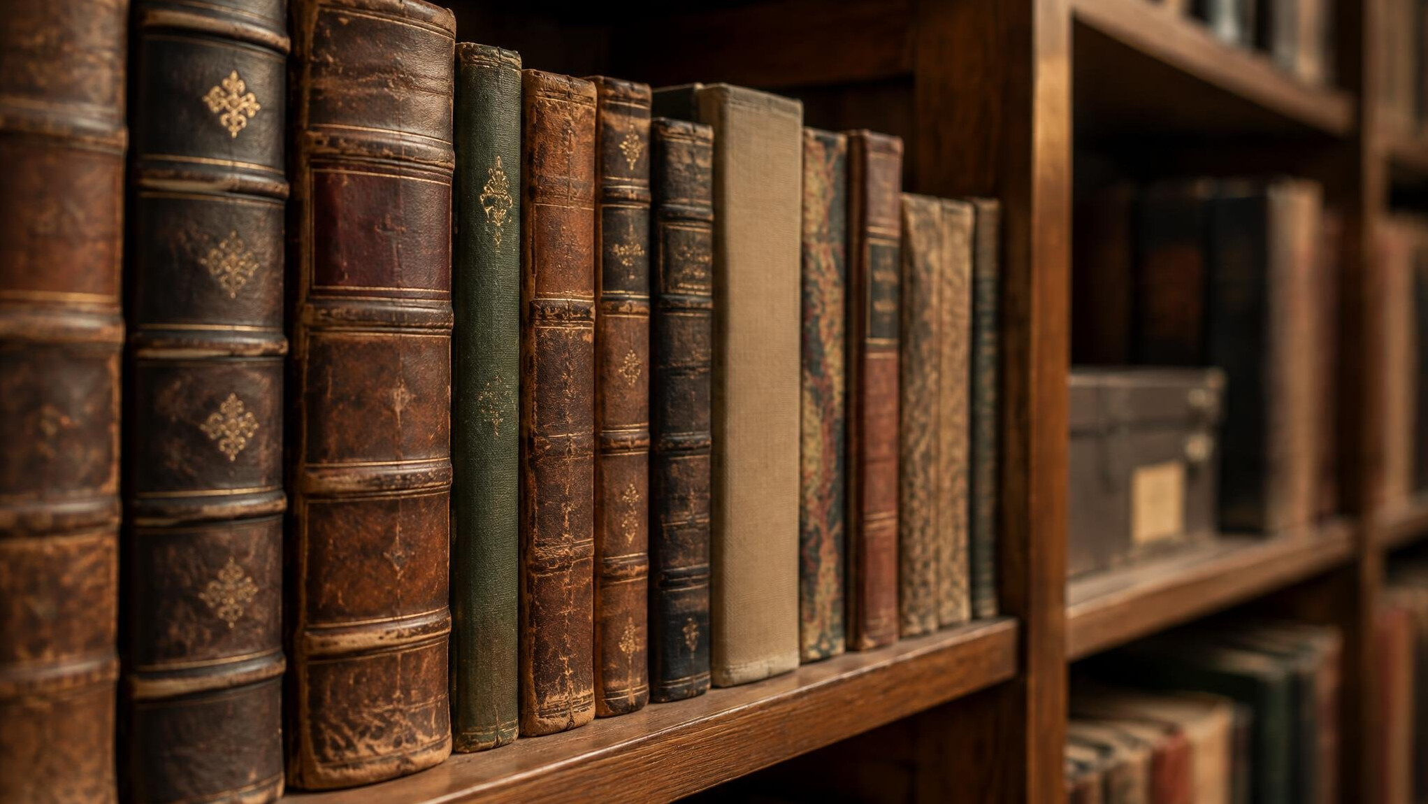 Rows of books on a library shelf in warm light